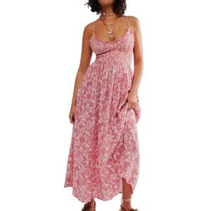 Free People Sweet Nothings Midi Dress Pink Floral Smocked Bodice Boho Summer XS